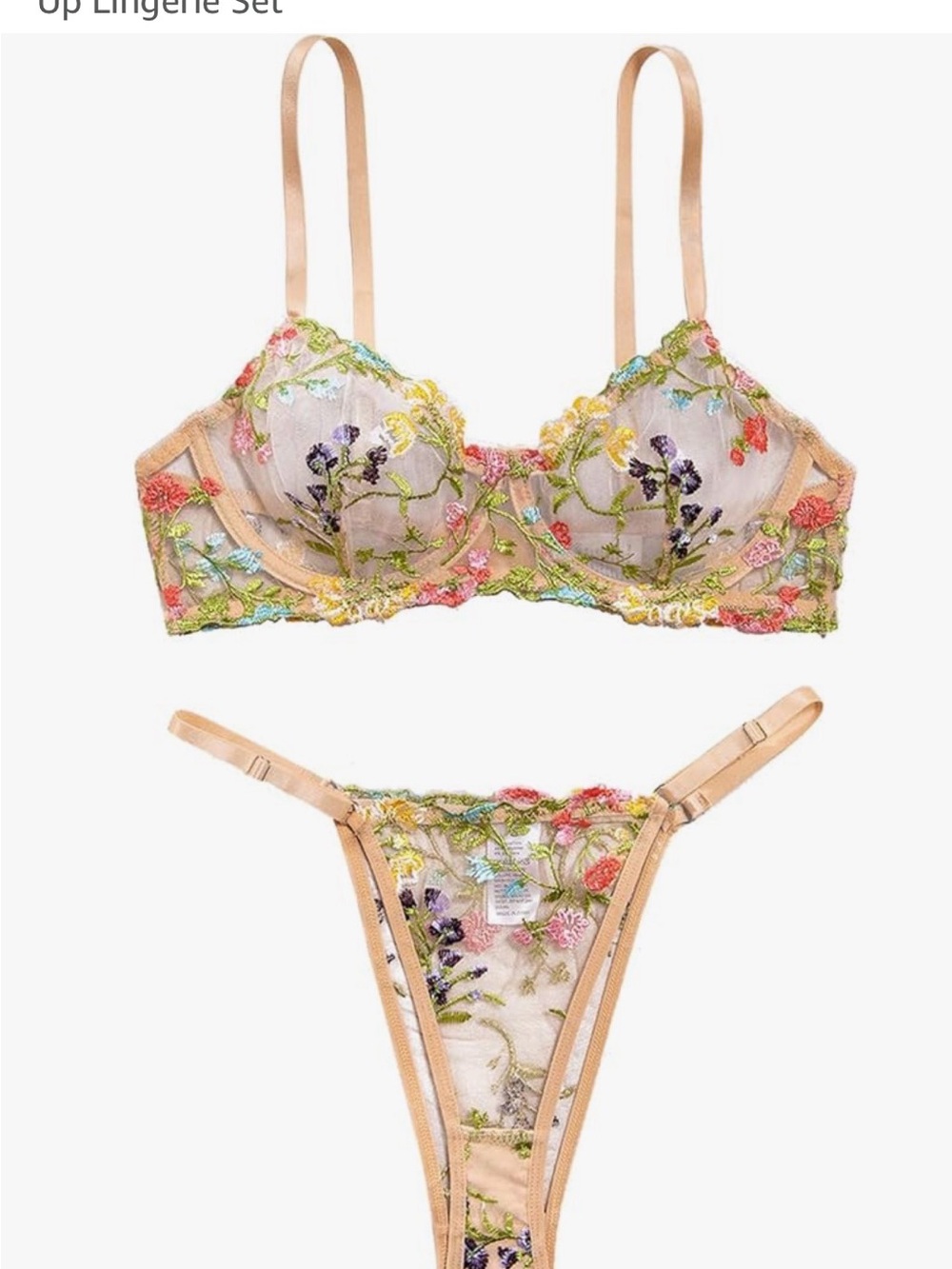 NWT XS Floral Embroidered Sheer Mesh Lingerie Set Underwire Bra & Matching Thong